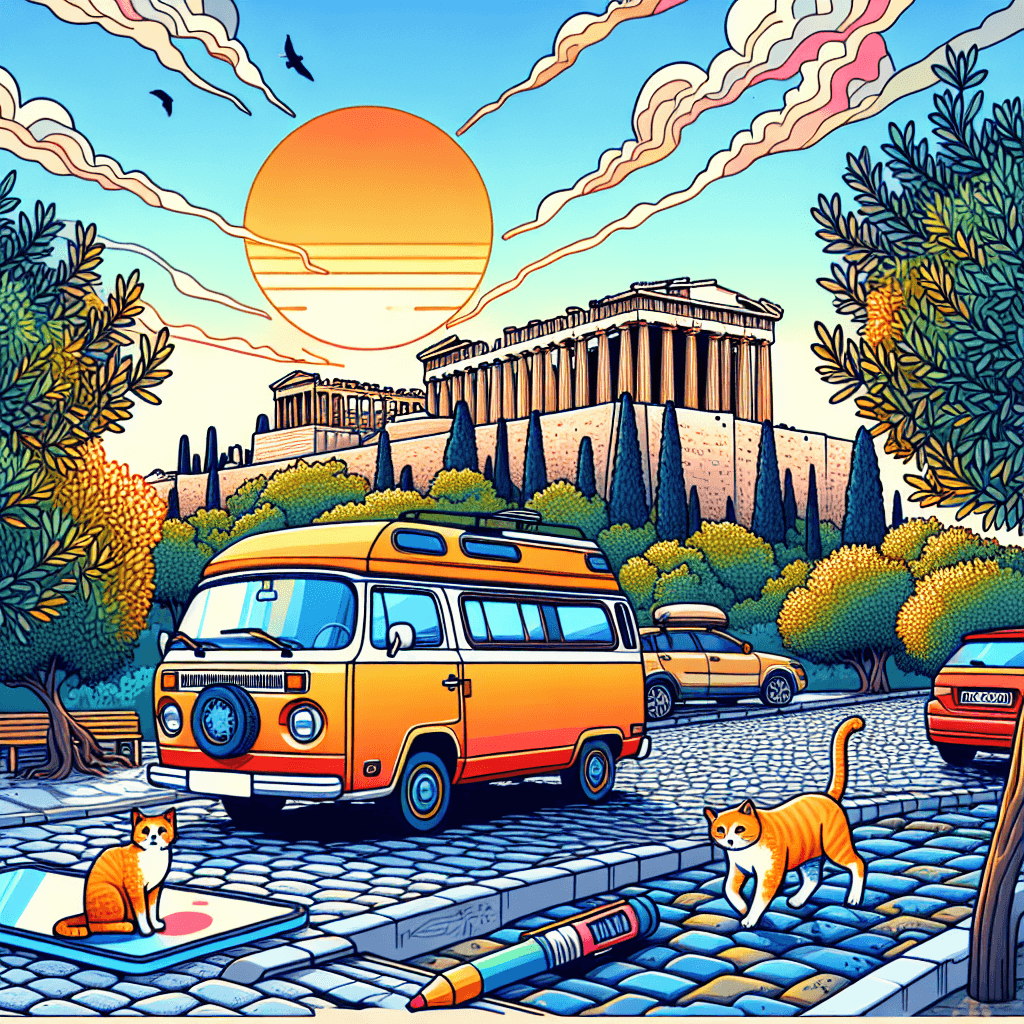 Campervan in Athens with Acropolis, olive trees, and cats