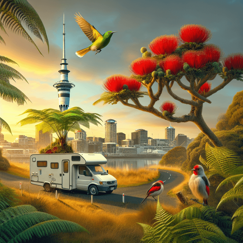 Camper in Auckland with Sky Tower, pohutukawa, fern and kiwis