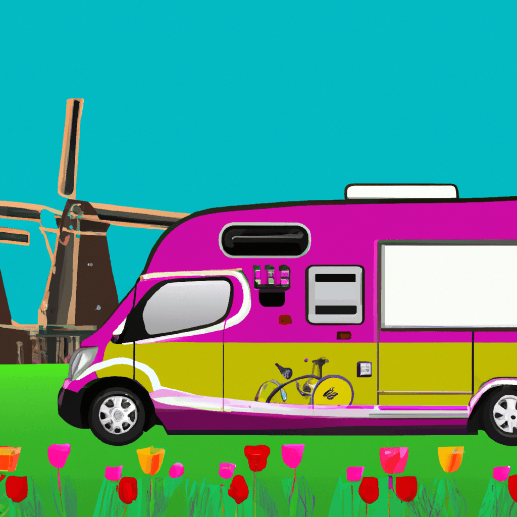 Autocaravana colorida en paisaje típico de Ámsterdam