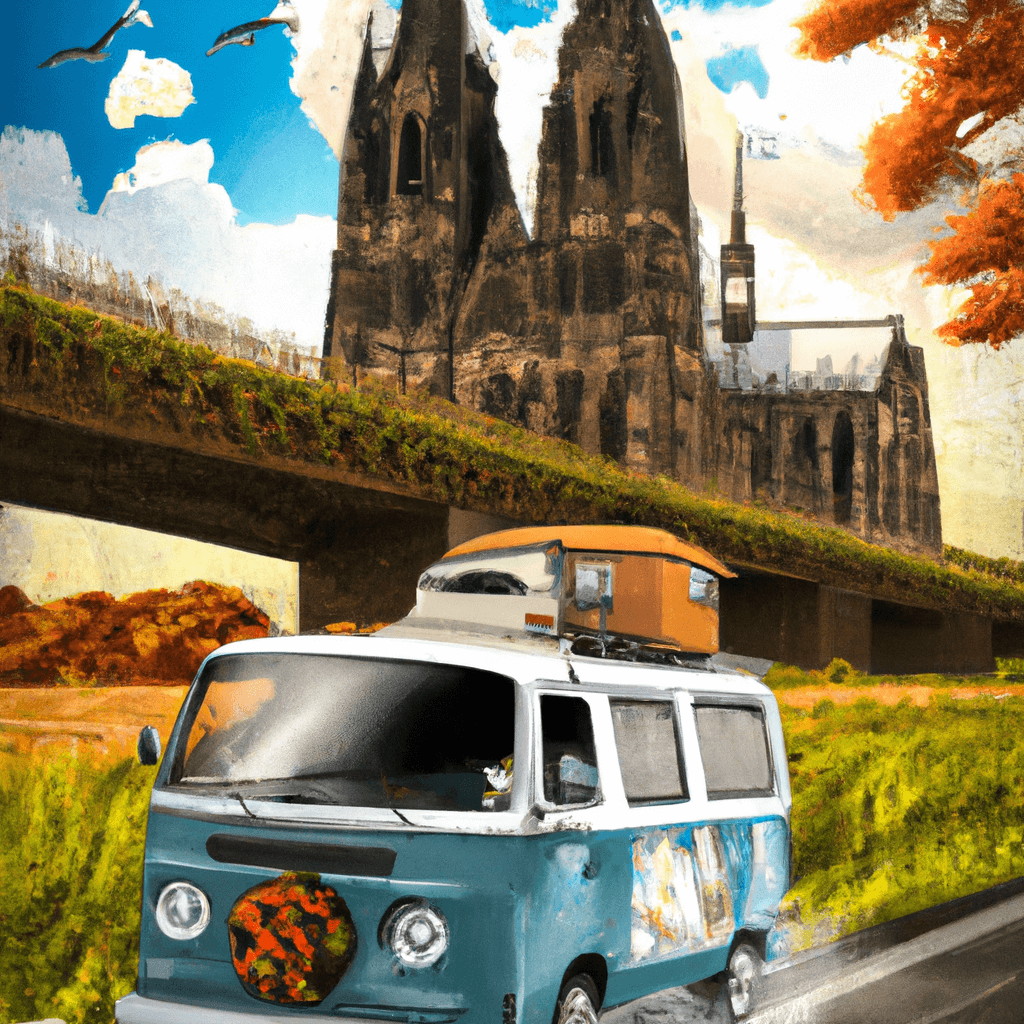 Camper en Colonia, con catedral, puente, río Rin, ciclistas y picnic.