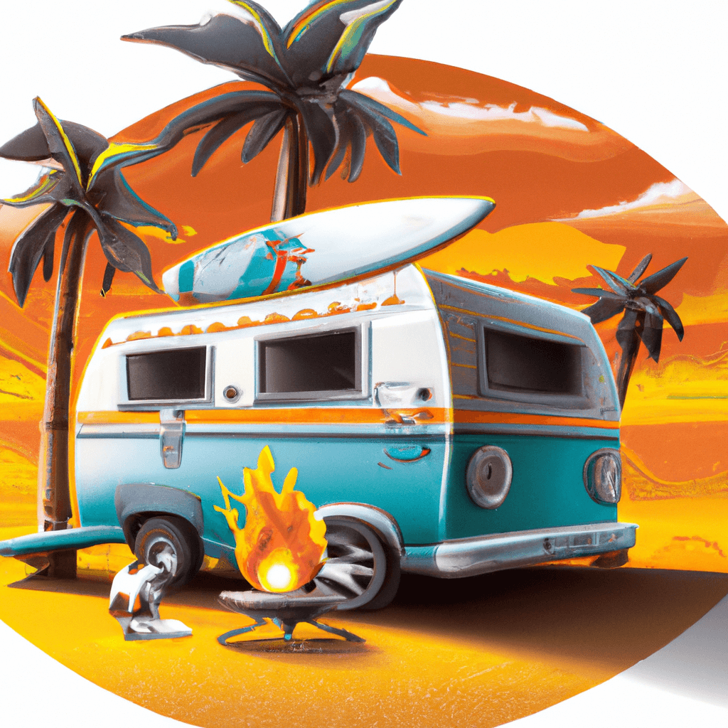 Camper con surfboards y fogata bajo palmeras