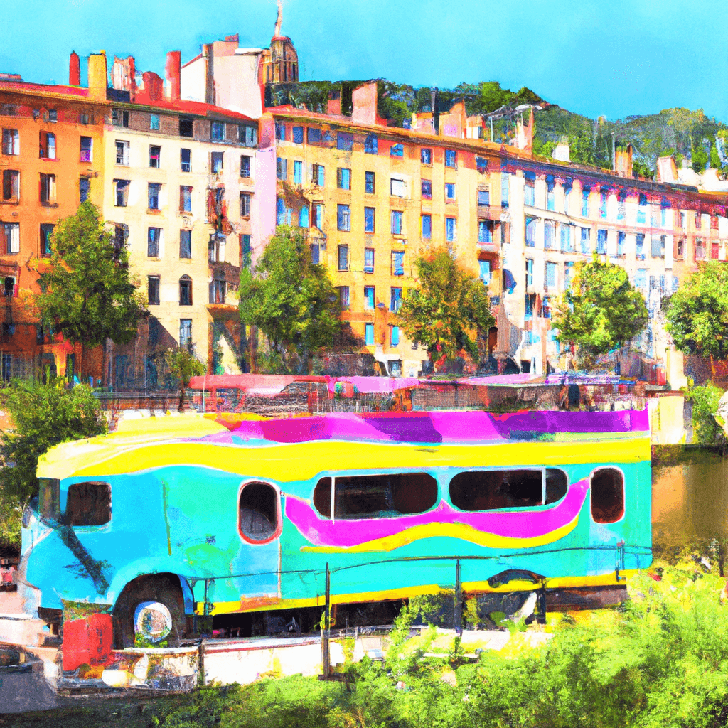 Autocaravana colorida en paisaje Lyon con casas antiguas