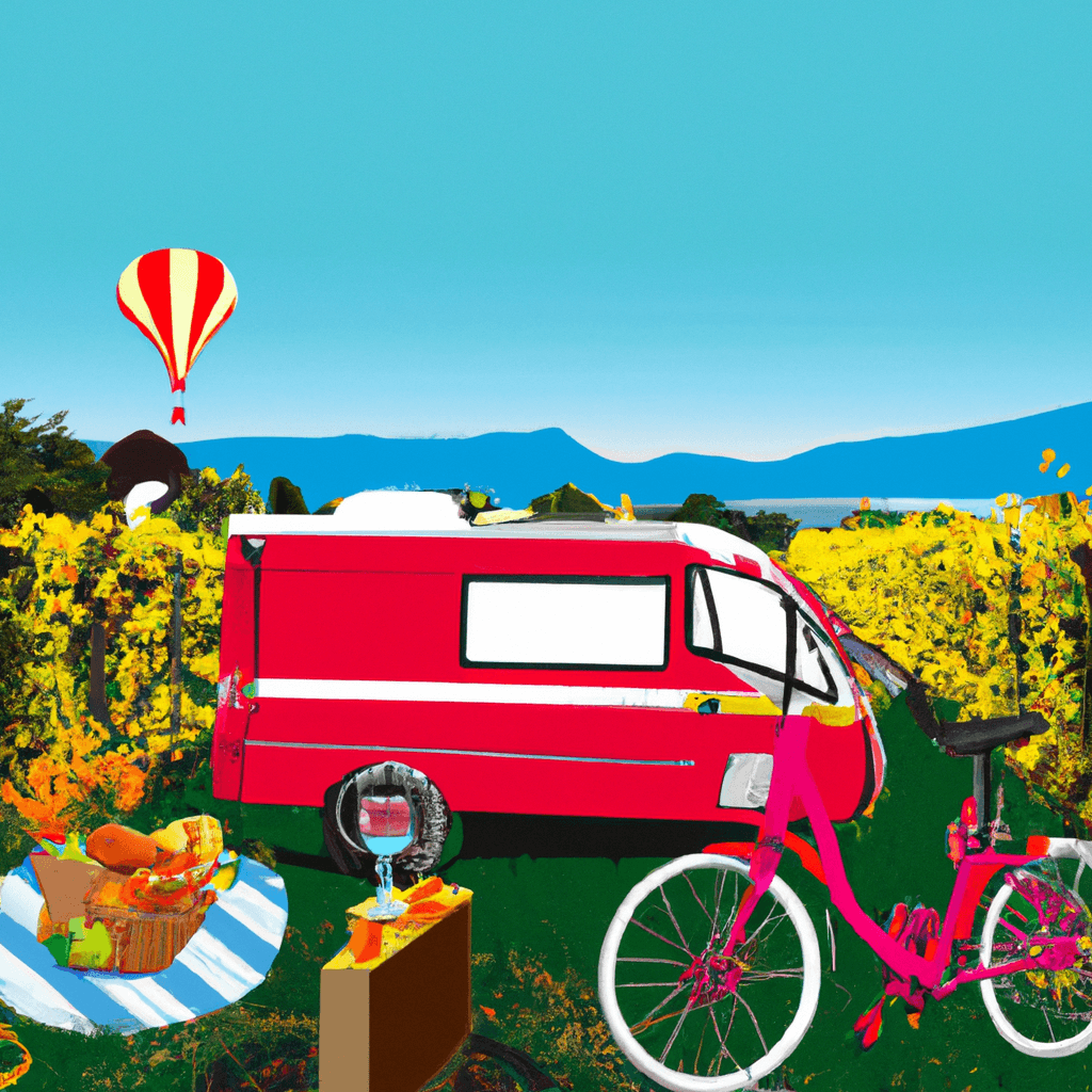 Camper junto al idílico Lago Ginebra, picnic con chocolates y quesos suizos, vibrantes flores y un monociclo prominente
