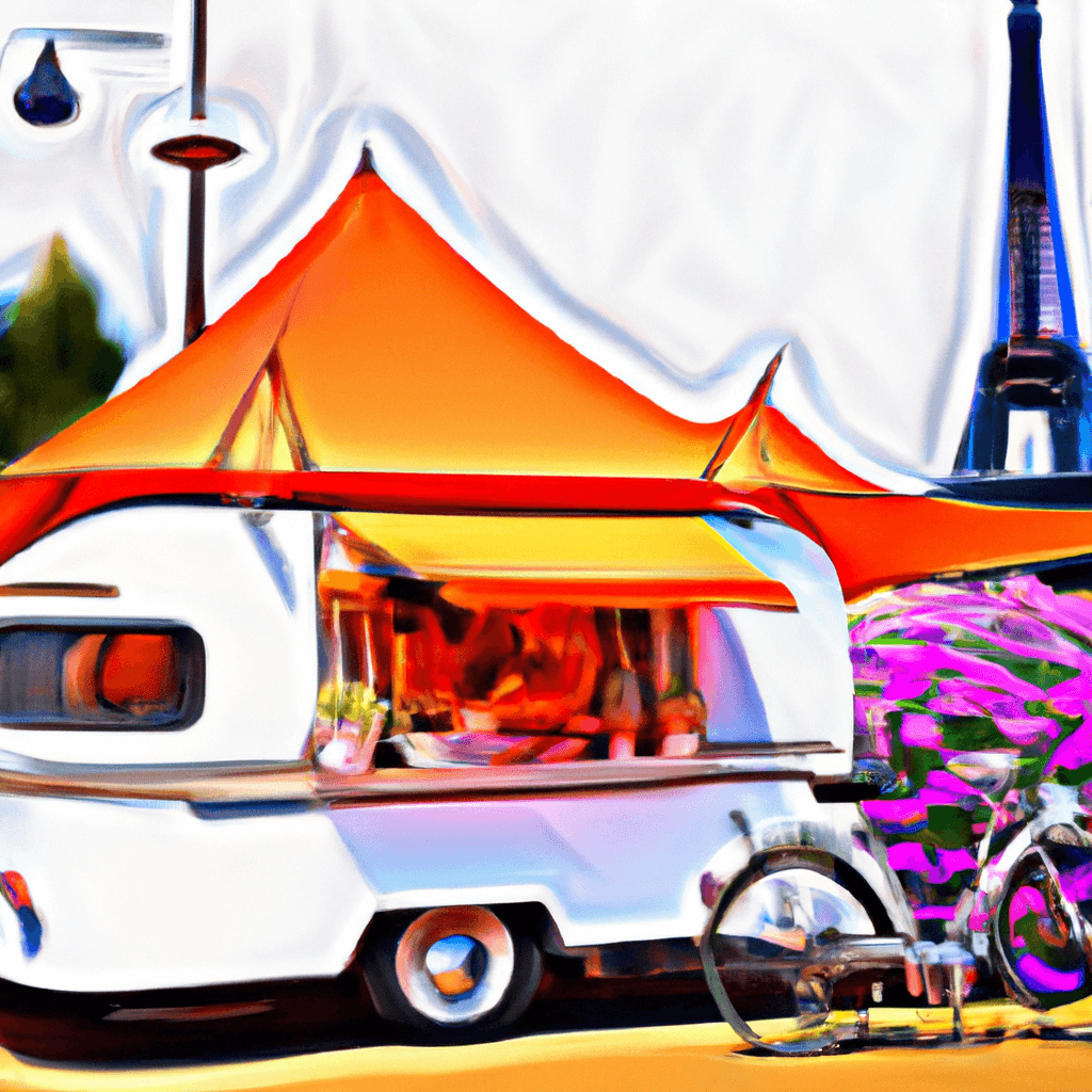 Camper colorido, torre Eiffel, flores, ciclistas, café francés