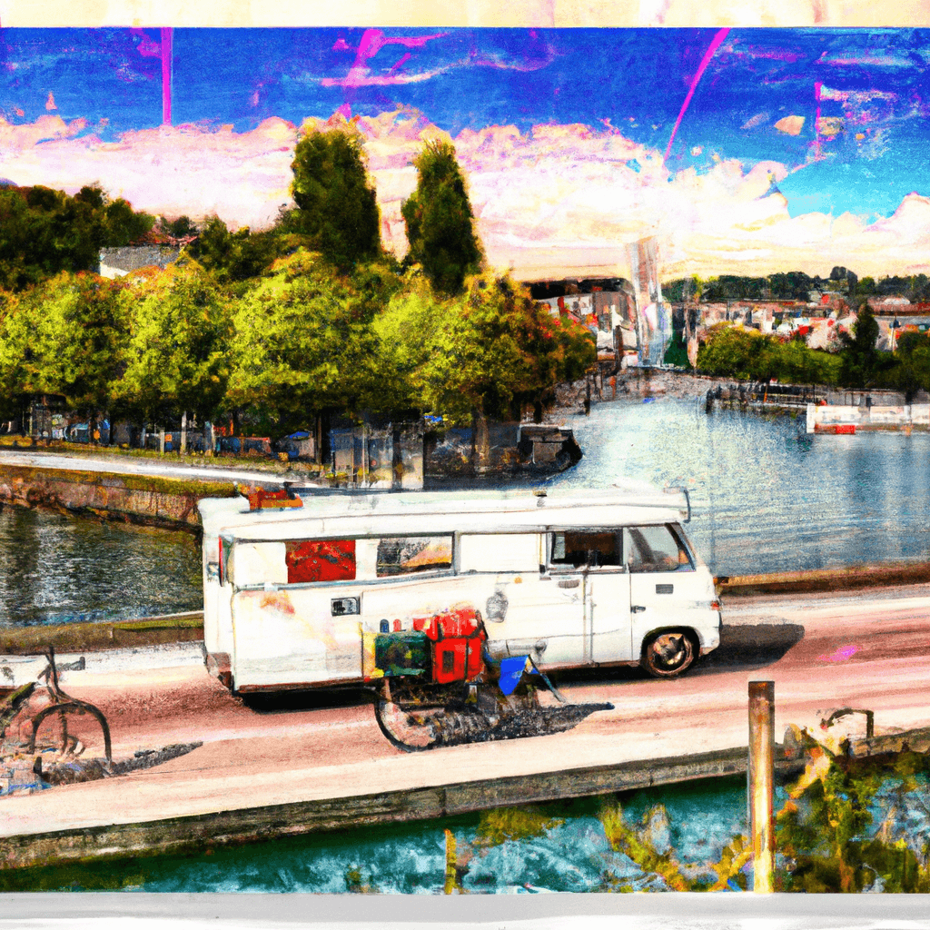 Autocaravana cerca del Rin, ciclistas, barcos y edificios suizos
