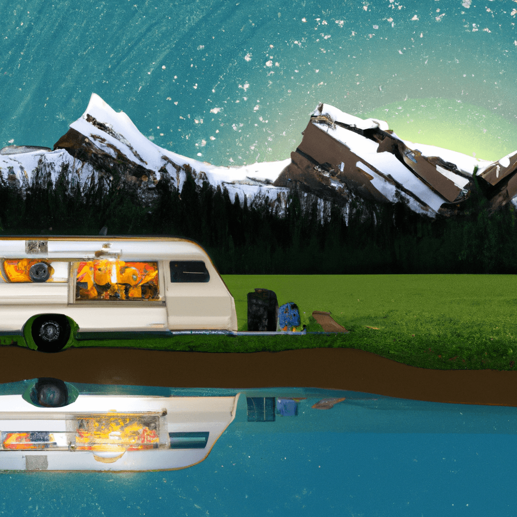 Camper vibrante, gitana con guitarra, lago y montañas nevadas