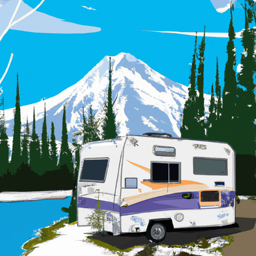 Caravane devant un lac, montagnes enneigées, kayakistes, feu de camp