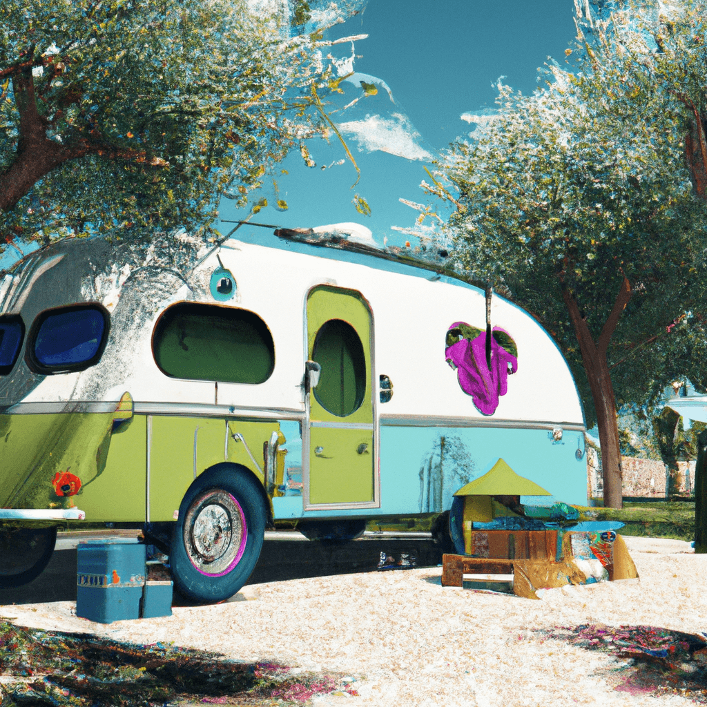 Camper colorée au milieu des oliviers et vignobles Nîmois