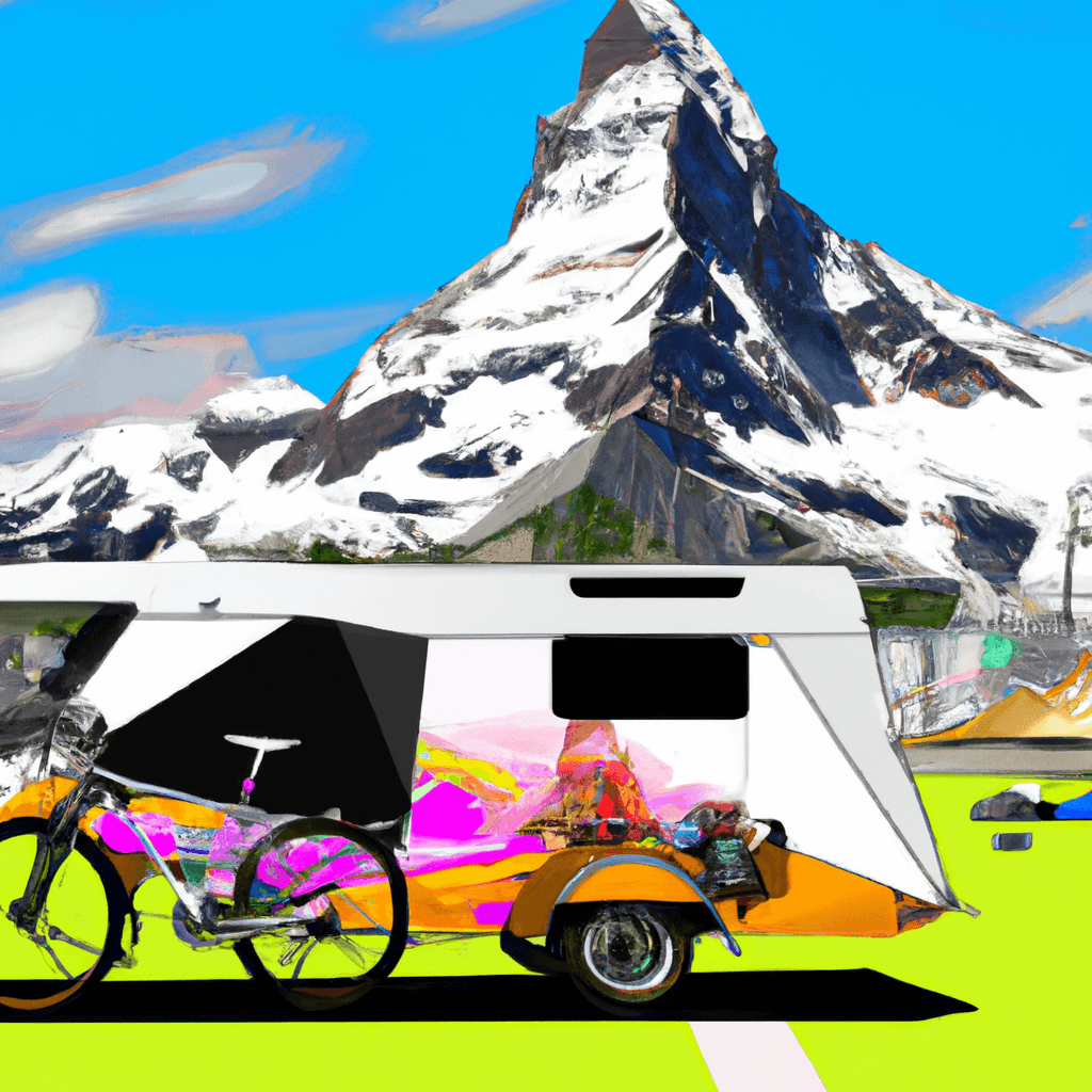 Une-caravane-colorée, cyclistes, fleurs-sauvages, Munich-silhouette, Alpes