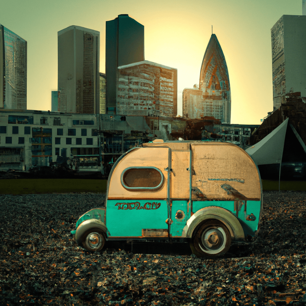Camper vintage devant le paysage urbain de Francfort