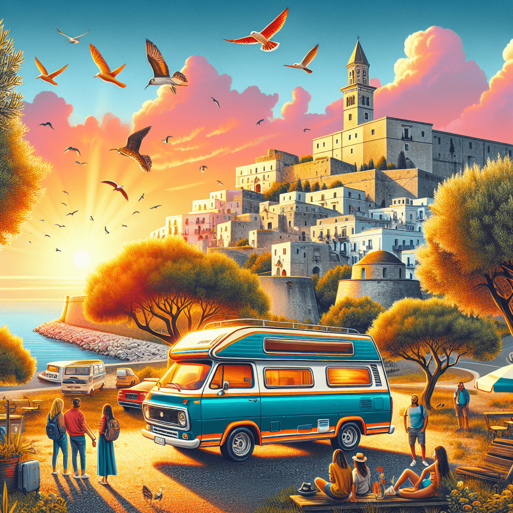 Colourful campervan at Bari sunset, locals, birds, olive trees