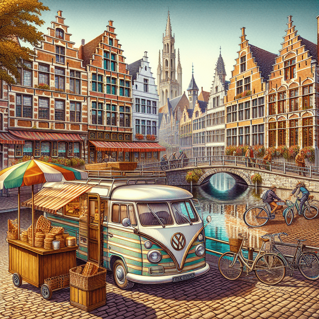 Vibrant campervan amidst Belgian canal-town and waffle vendor