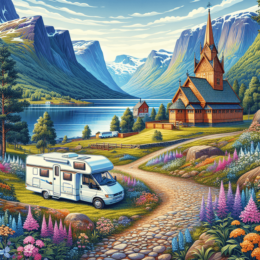 Bergen scenery with camper, fjords, stave church, and mountains