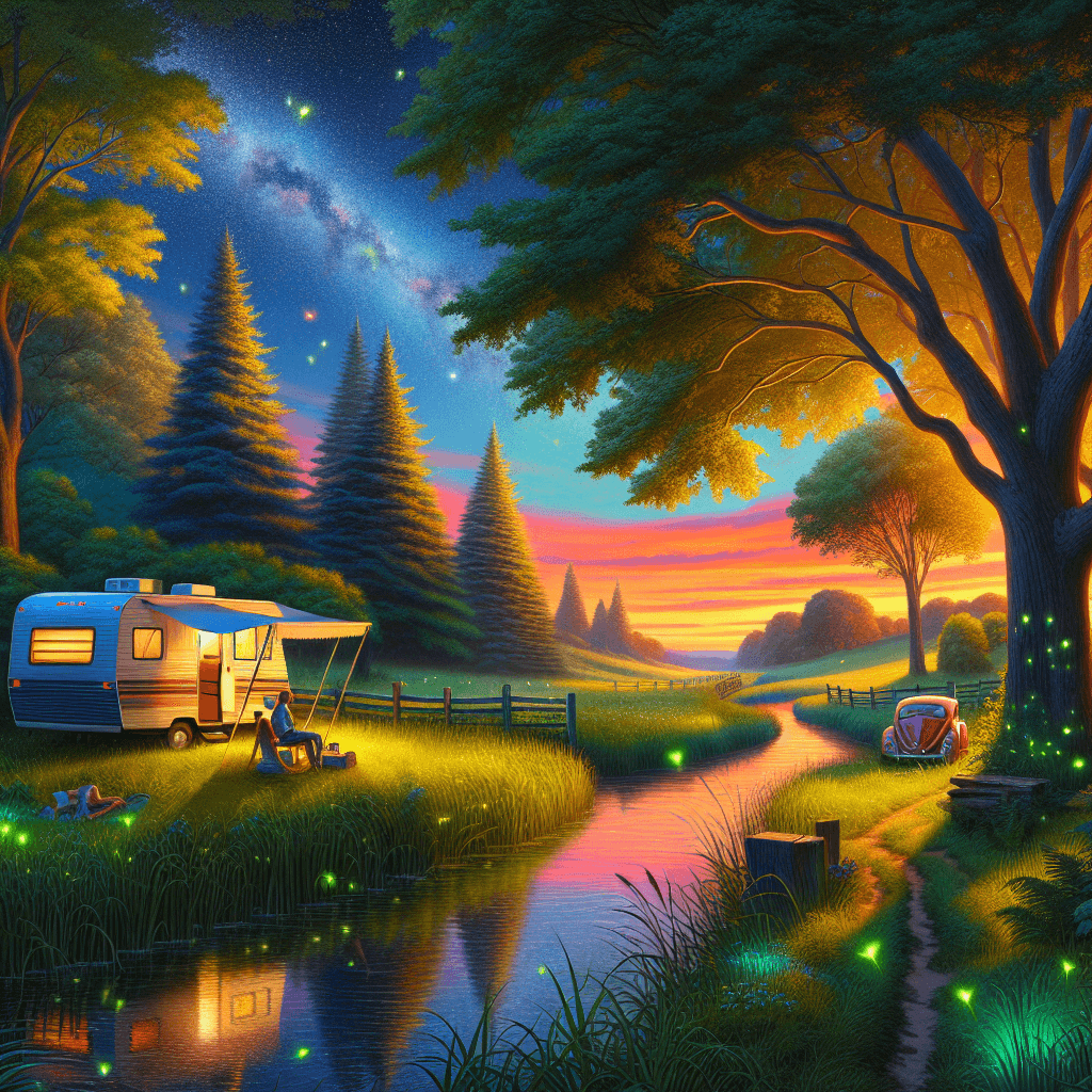Camper in Berkshire landscape with fireflies and starry night sky
