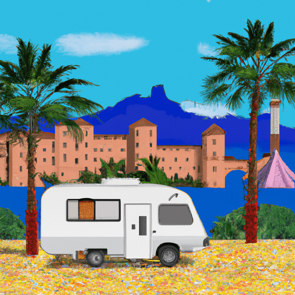 Camper am Malagueta Strand mit Alcazaba Festung, Palmen und weiß getünchten Häusern