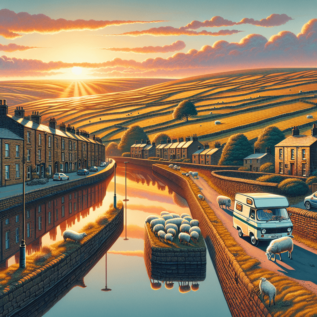 Camper in Blackburn landscape with canal, terraced houses, moorland and sheep.