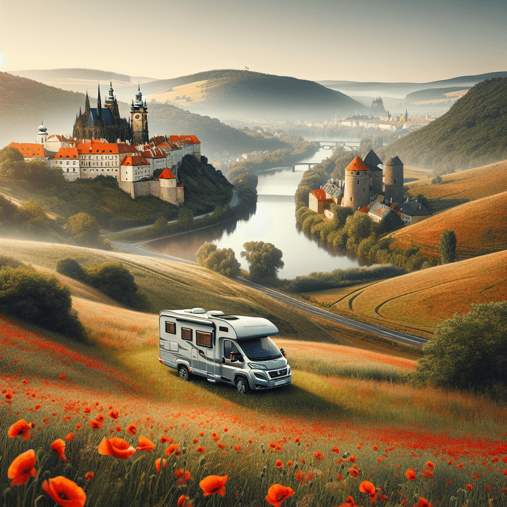 Campervan on an adventure through Czech landscape, near Vltava river and blooming poppy fields