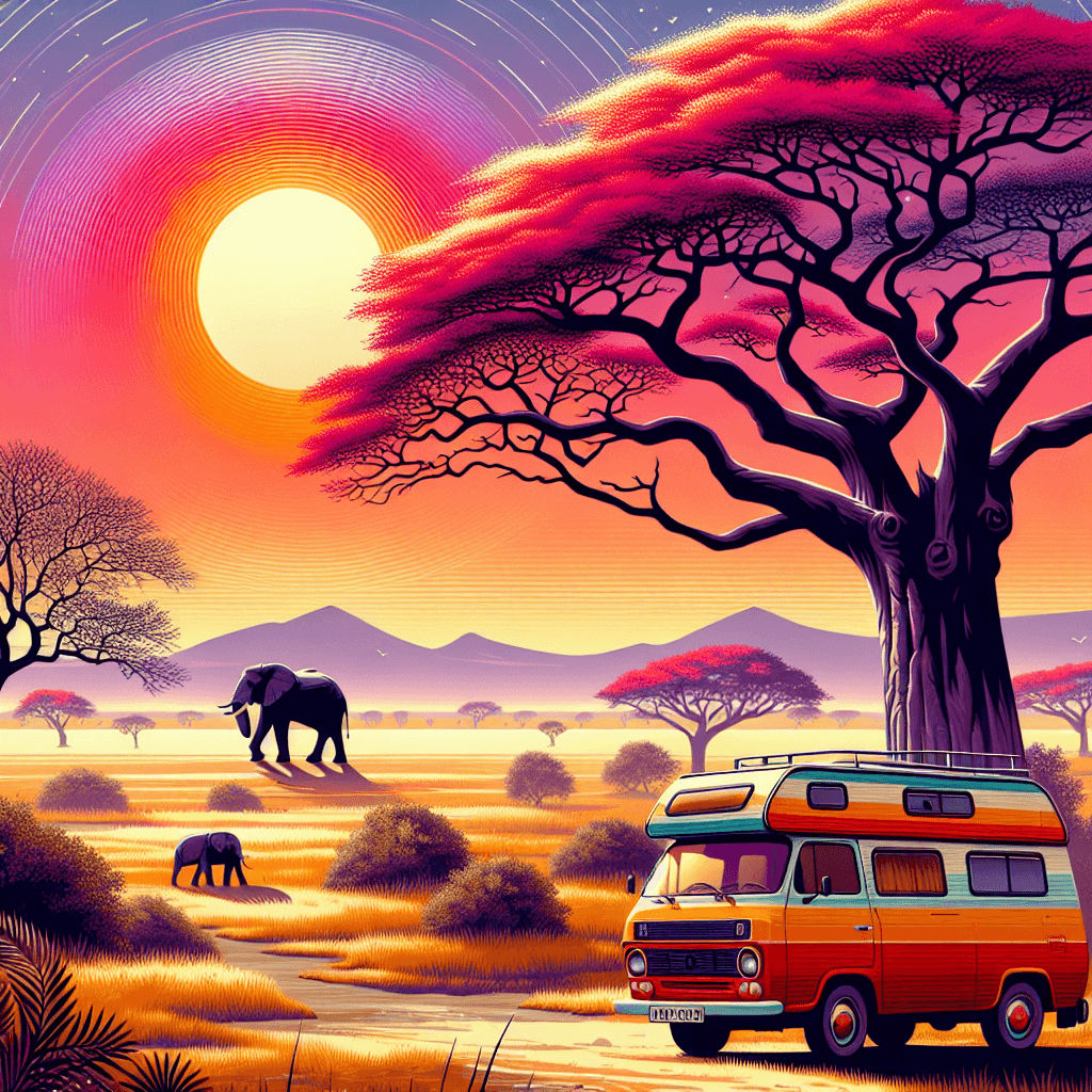 Campervan hire under baobab tree, elephants grazing, vibrant Botswanian sunset