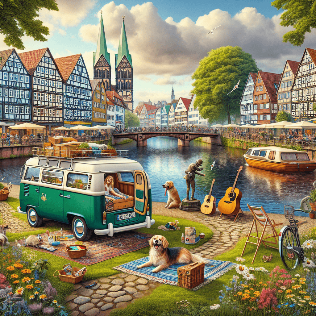 Campervan by river, timbered houses, Roland statue, cheerful dog