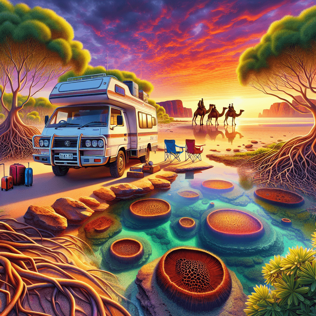 Campervan in Broome sunset, surrounded by mangroves and stromatolites