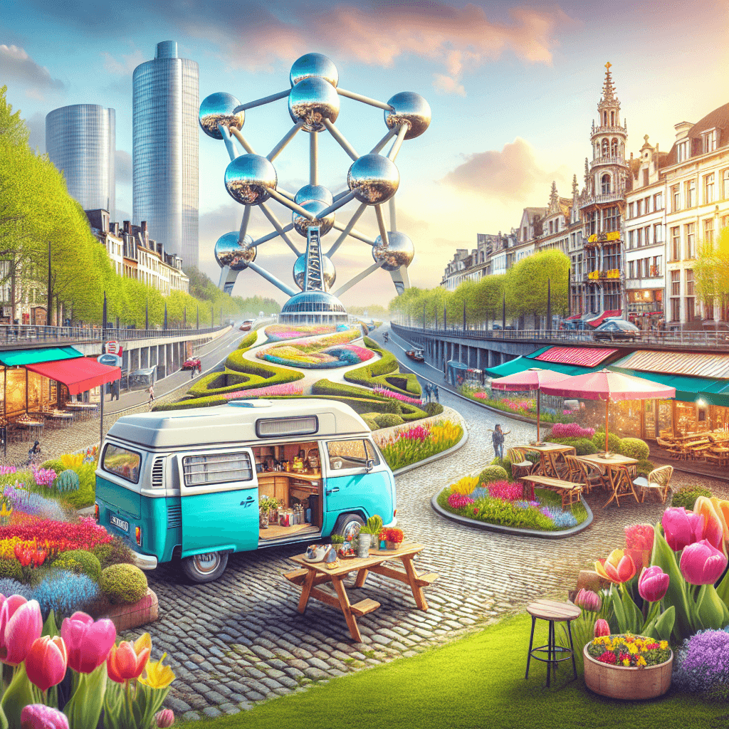 Campervan hire amidst Brussels scene with Atomium and tulips