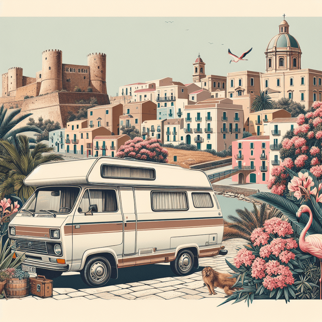 Campervan in a colourful Cagliari setting with flamingos