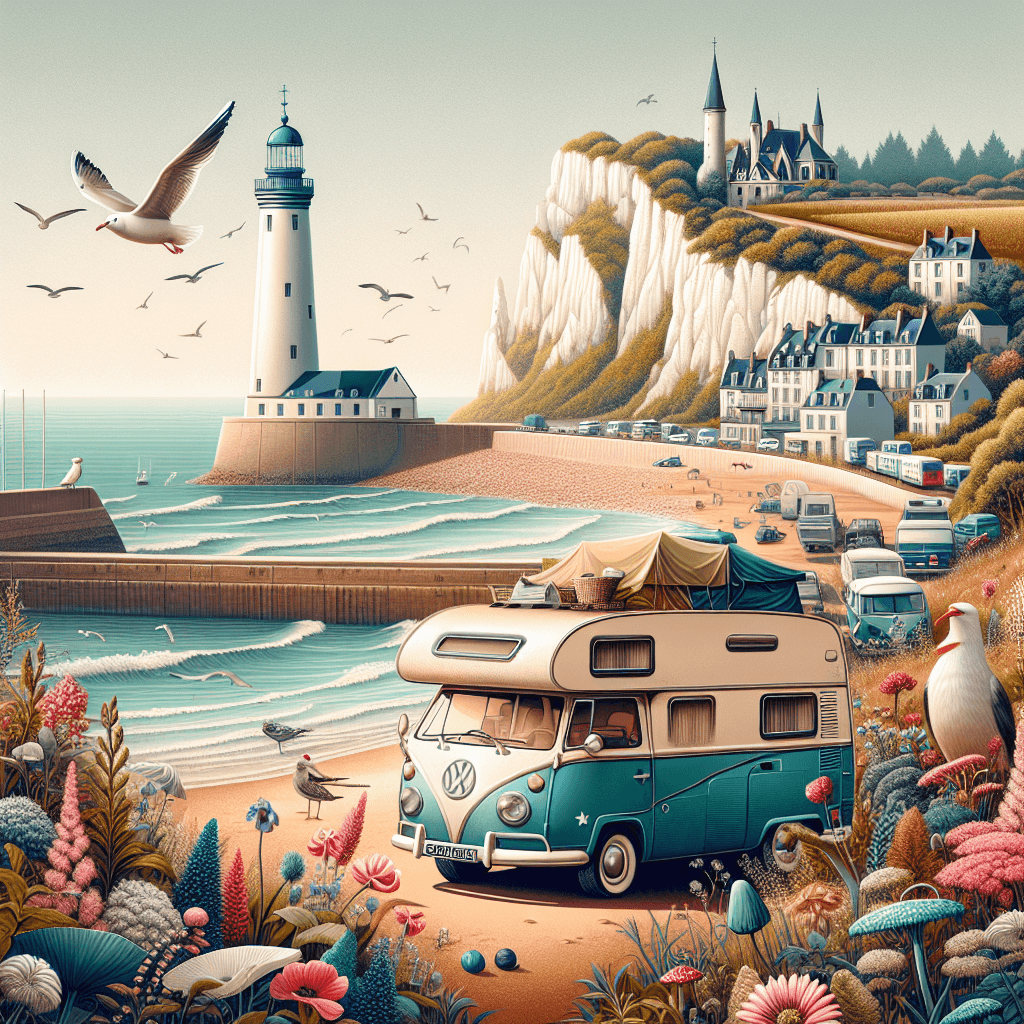 Joyful campervan in Calais with lighthouse, wildflowers and seagulls