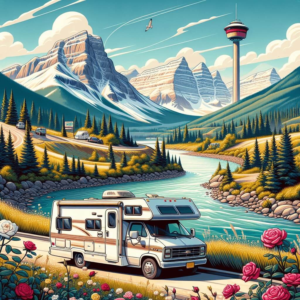 Campervan parked beside Bow River, Rocky Mountains backdrop