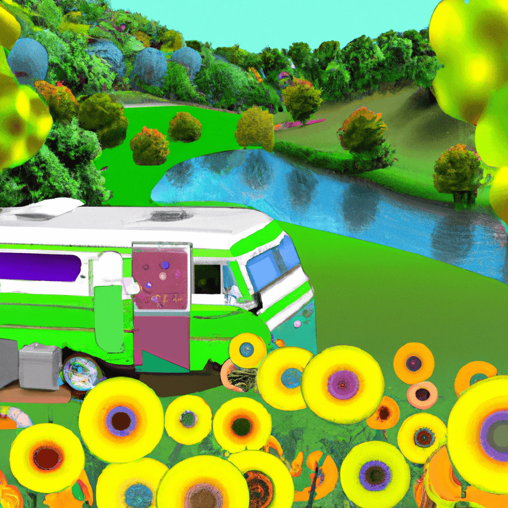 Camper am Fluss, blühende Landschaft, Girasolen, Lavendeln, französische Landhäuser