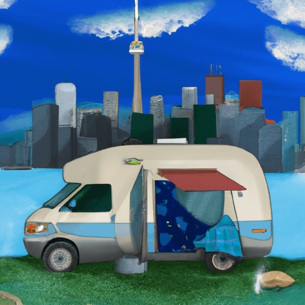 Camper con Toronto sullo sfondo, picnic, bicicletta, cane