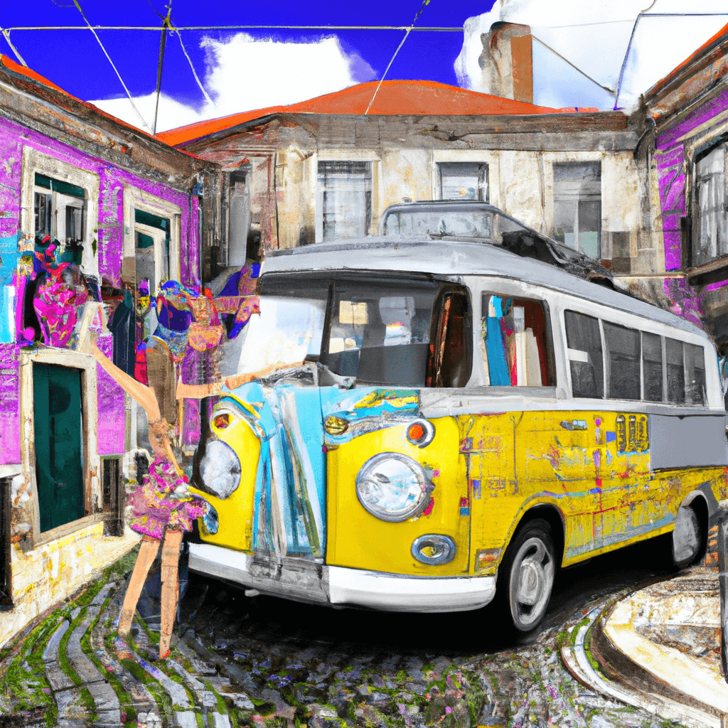 Camper felice, tram gialli, castello e arance a Lisbona