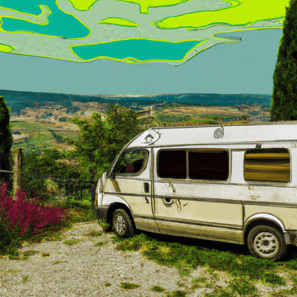 Camper colorata su colline verdi di Perugia con oliveti e villa