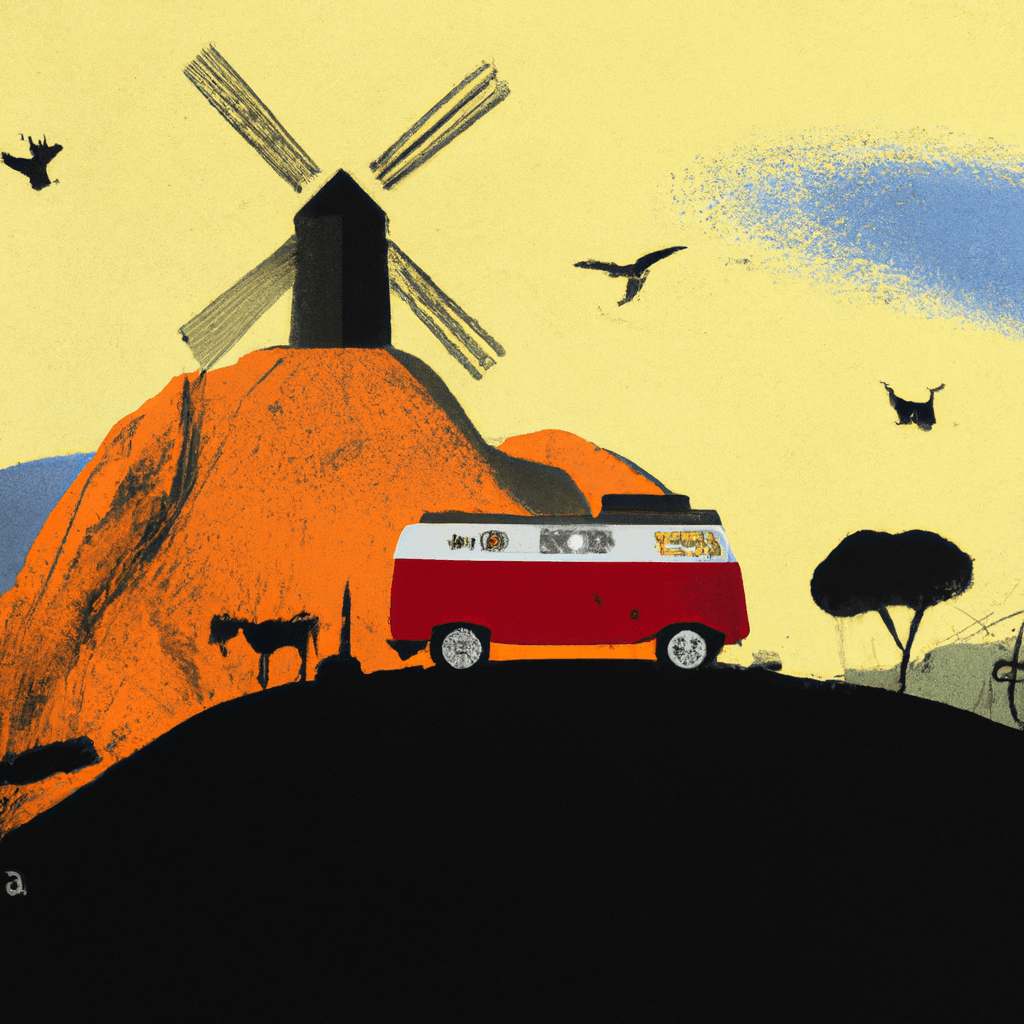 Camper nel paesaggio spagnolo con mulino a vento, olivi, montagne, mare e fenicotteri