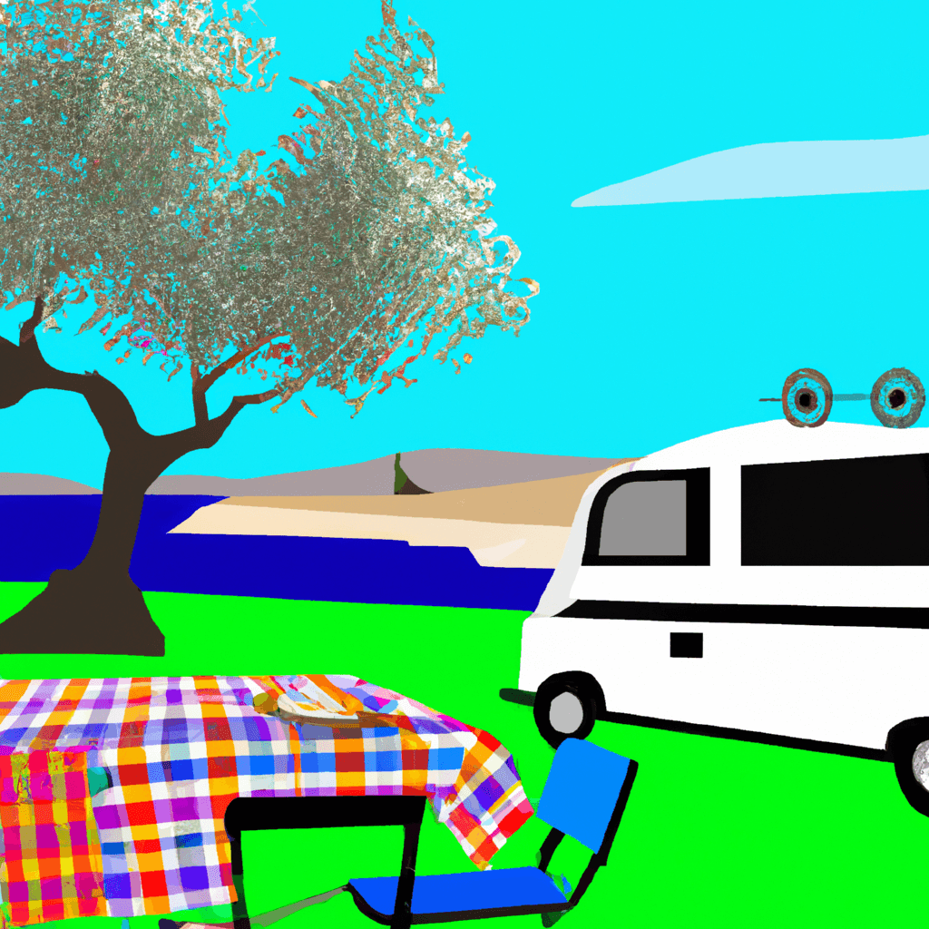 Camper tra ulivi e vigneti, mare, pastore con pecore, tavolo da picnic