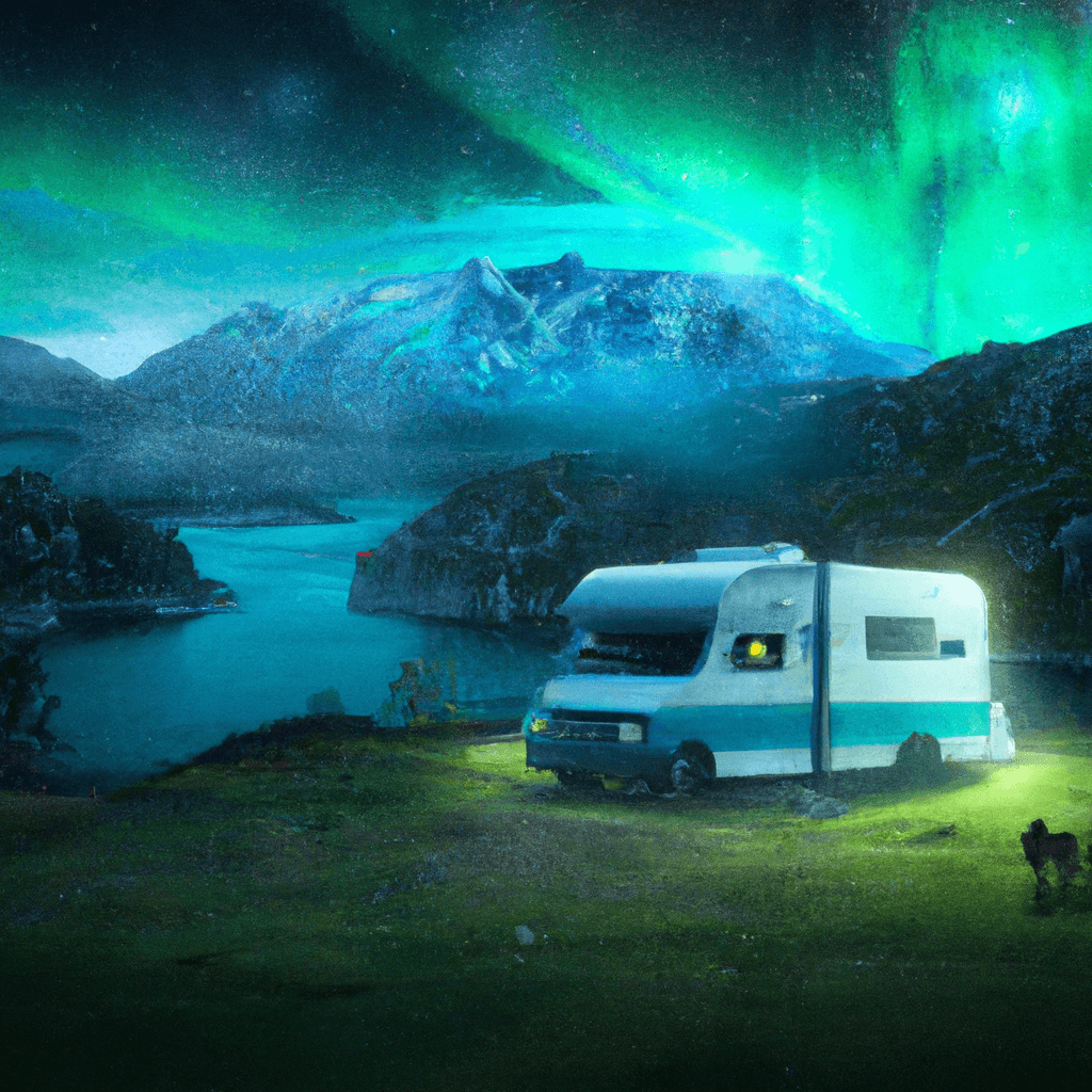 Camper en paisaje noruego, montañas, pinos, fiordo y aurora