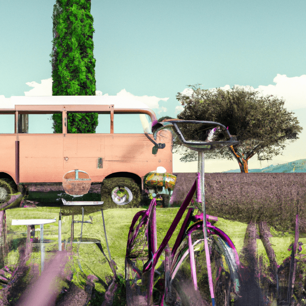 Camper in vigneto con bicicletta vintage e tavola picnic