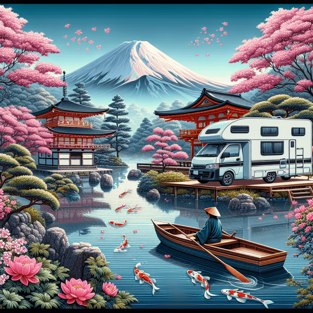 Camper in Japan with tea house, cherry blossoms, torii gate