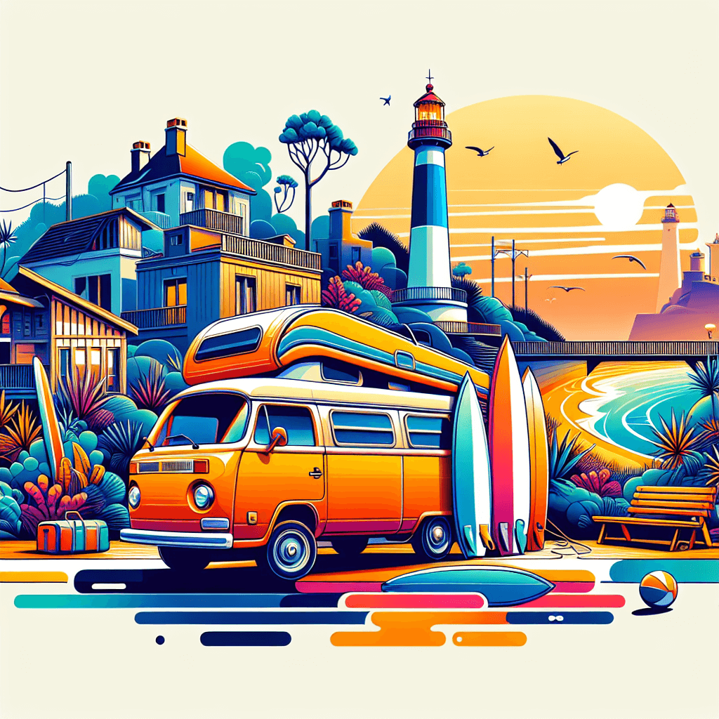 Vibrant campervan image with Biarritz's lighthouse and Grande Plage