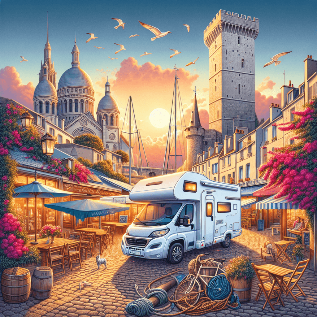 Joyful campervan scene with iconic La Rochelle elements