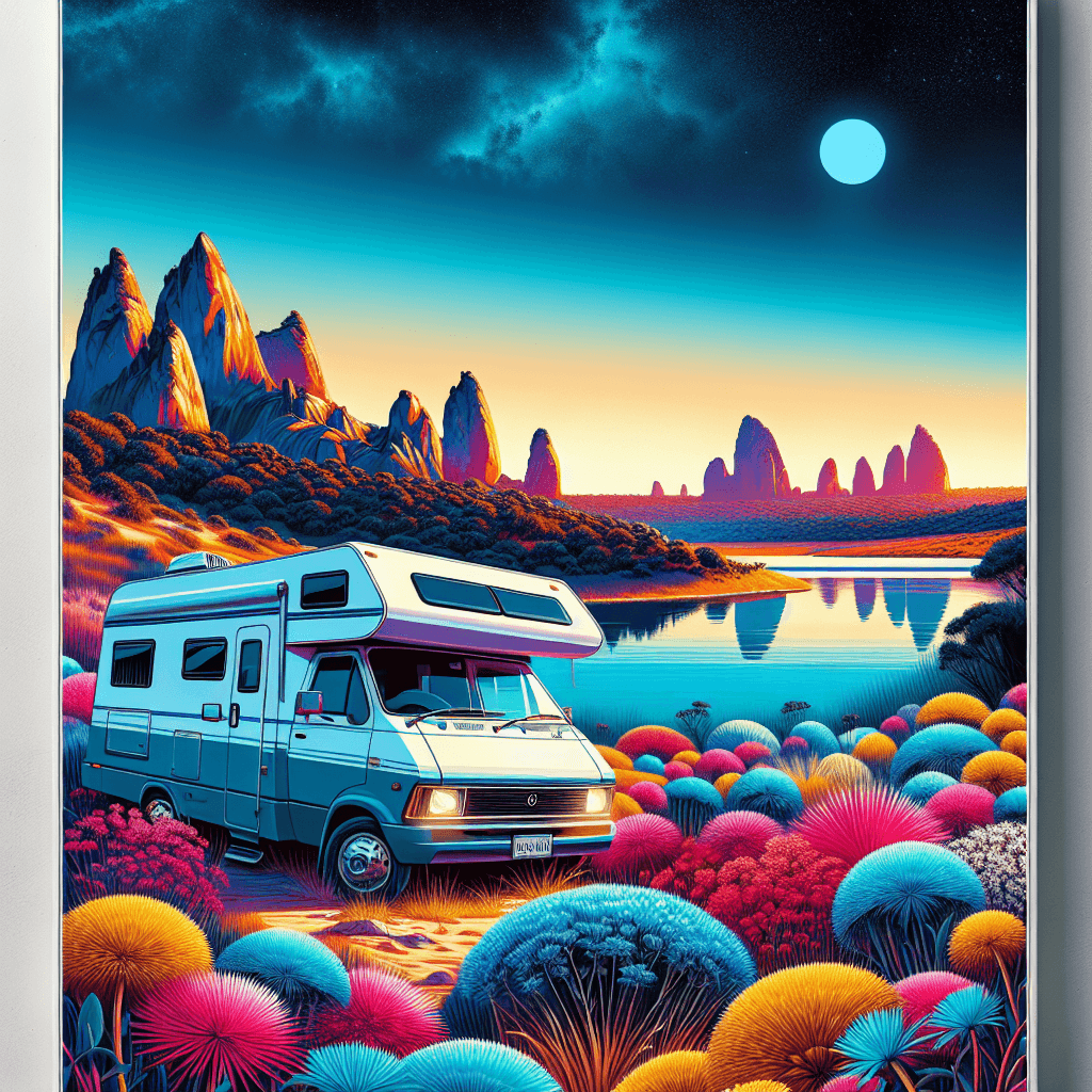 Campervan near water with Pinnacles and vibrant wildflowers