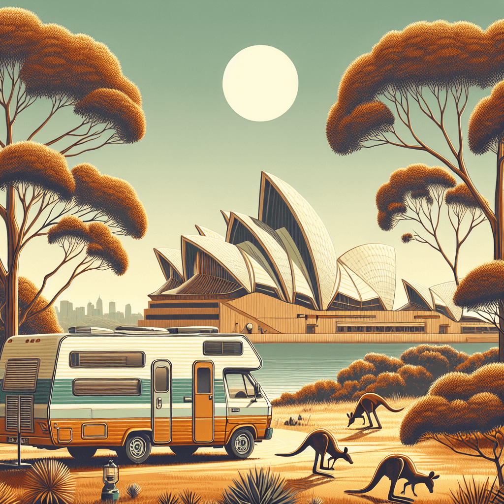 Campervan hire promotion, kangaroos, eucalyptus trees, Sydney Opera House
