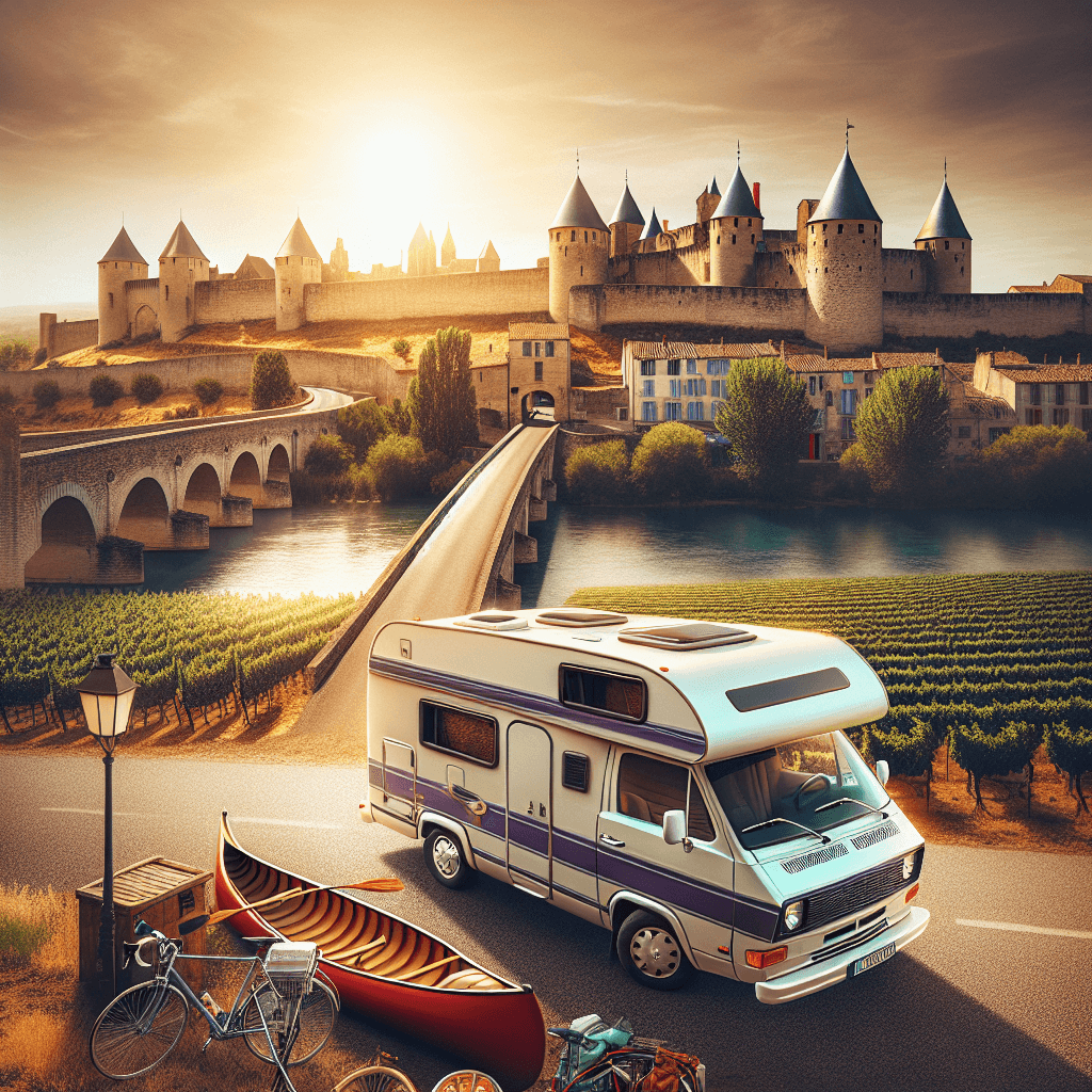 Campervan, bikes, canoe near Carcassonne's fortified city, vineyards