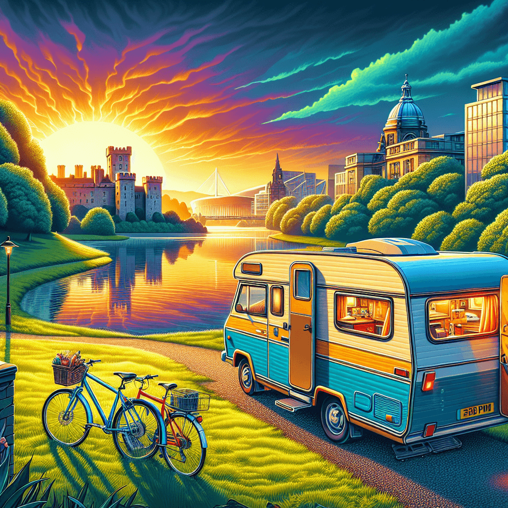 Camper, bicycles, Cardiff Castle, Millennium Centre and sunset