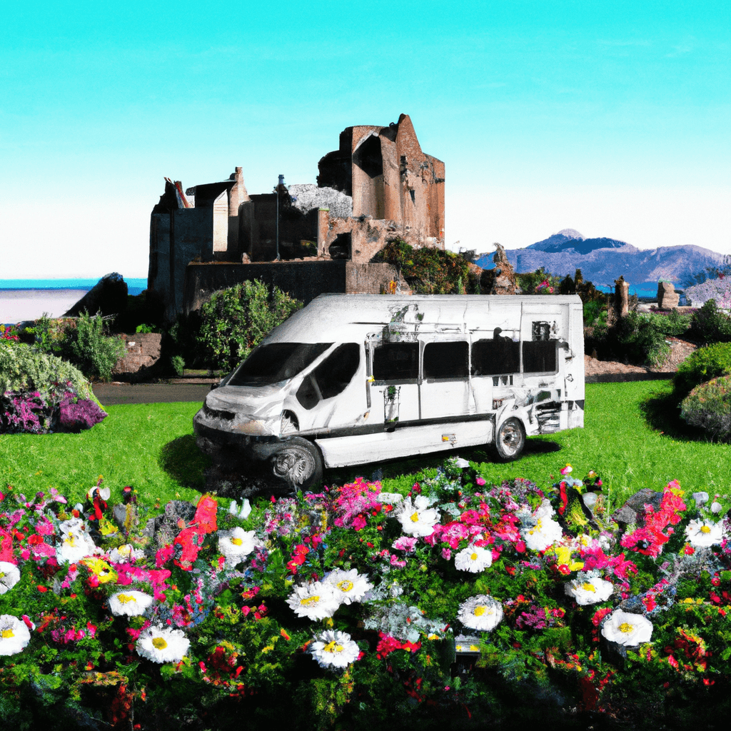 Autocaravana con flores, fogata, perro, colinas y castillo