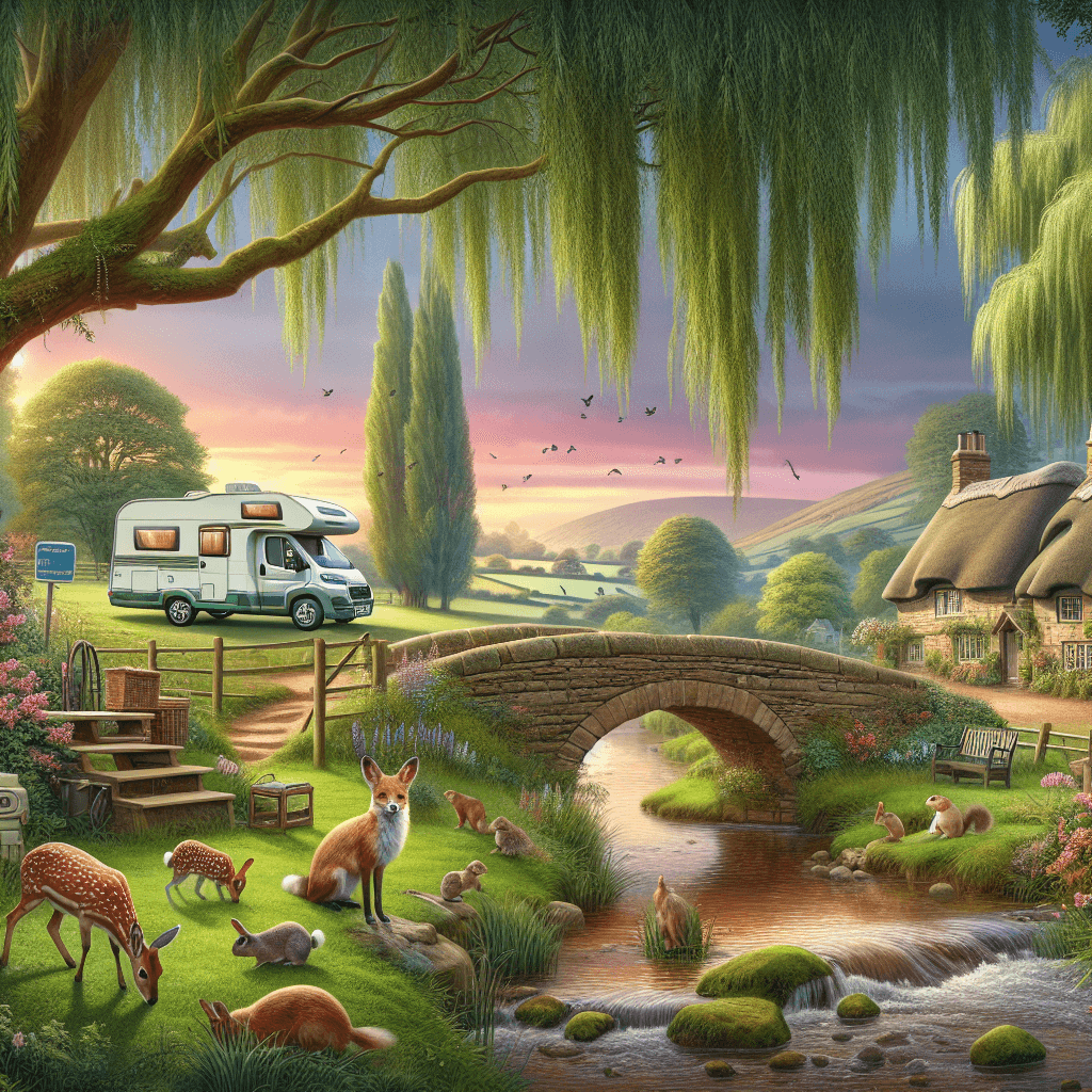 Camper in twilight Cheshire landscape, animals, thatched houses