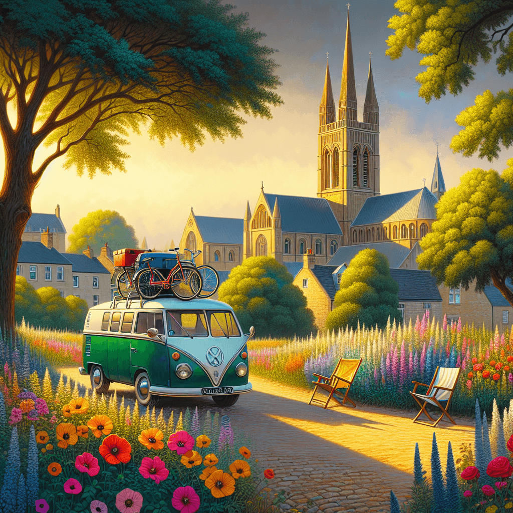 Camper in Chichester landscape with cathedral, wildflowers, outdoor gear