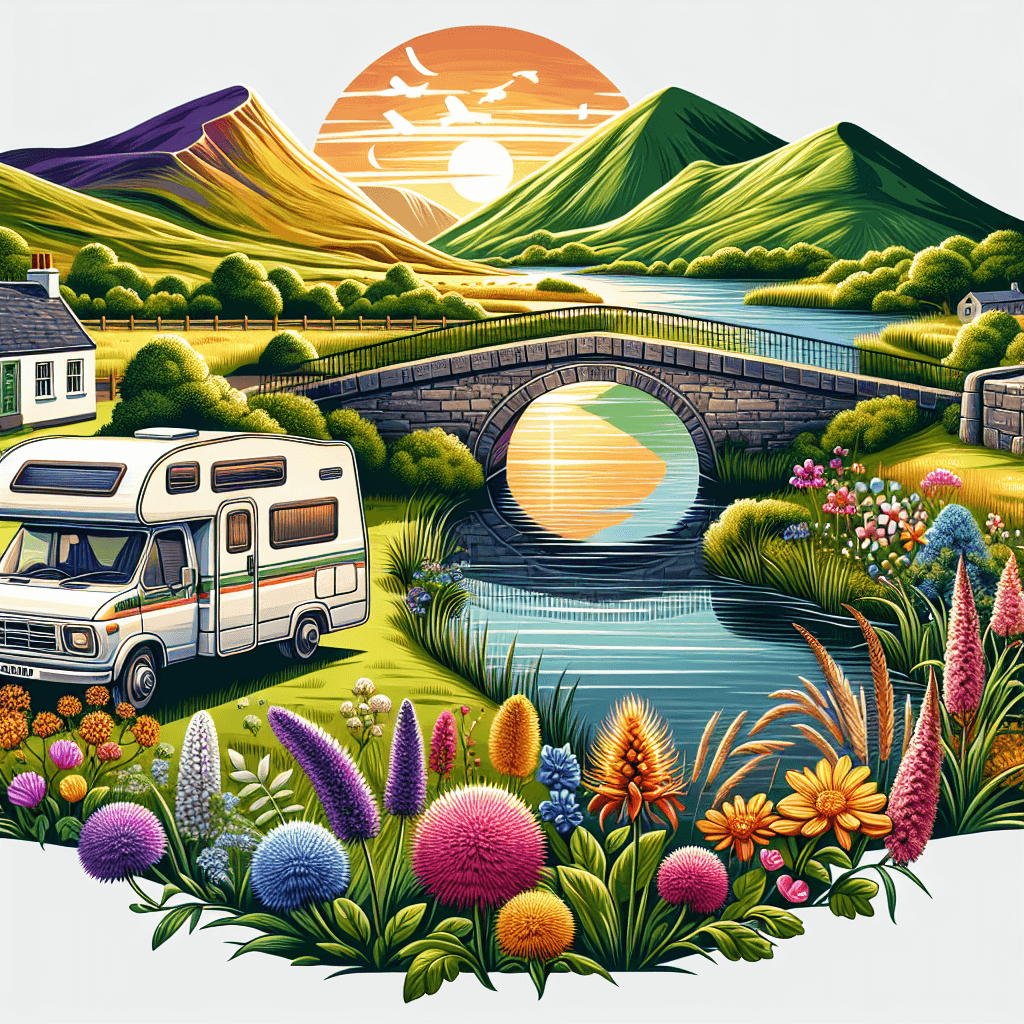 Camper parked near river, old stone bridge, wildflowers, sunset