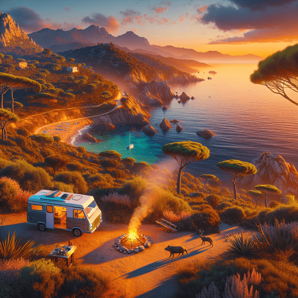 Campervan on Corsican cliffside at sunset, with beachside campfire, local flora and fauna