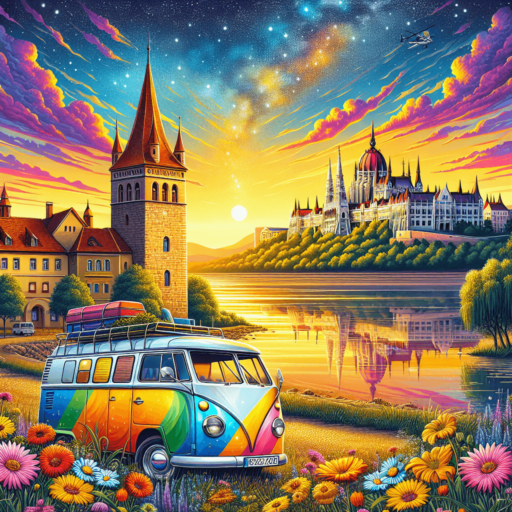 Hungarian landscape featuring vibrant campervan, Danube River, wildflowers and castle