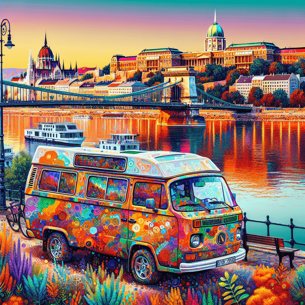 A vibrant campervan under Chain Bridge, amidst Budapest's flora